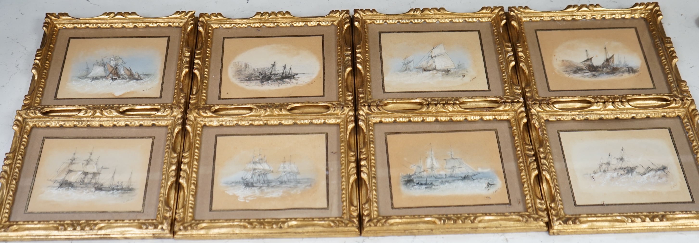 Frank V. Norie (19th century), set of eight heightened pastel and mixed media sketches, Maritime scenes, each signed, 9 x 11.5cm, ornate gilt framed. Condition - fair